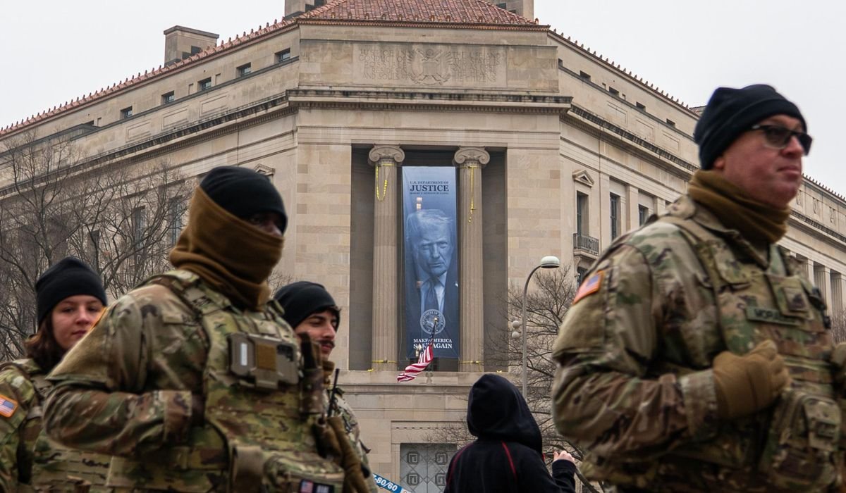Donald Trump's face displayed on banner adorning Justice Department headquarters
