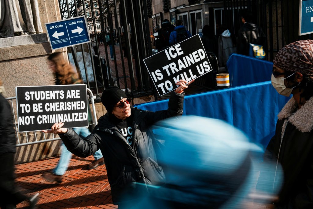 People participate in a protest outside the Columbia University campus in New York