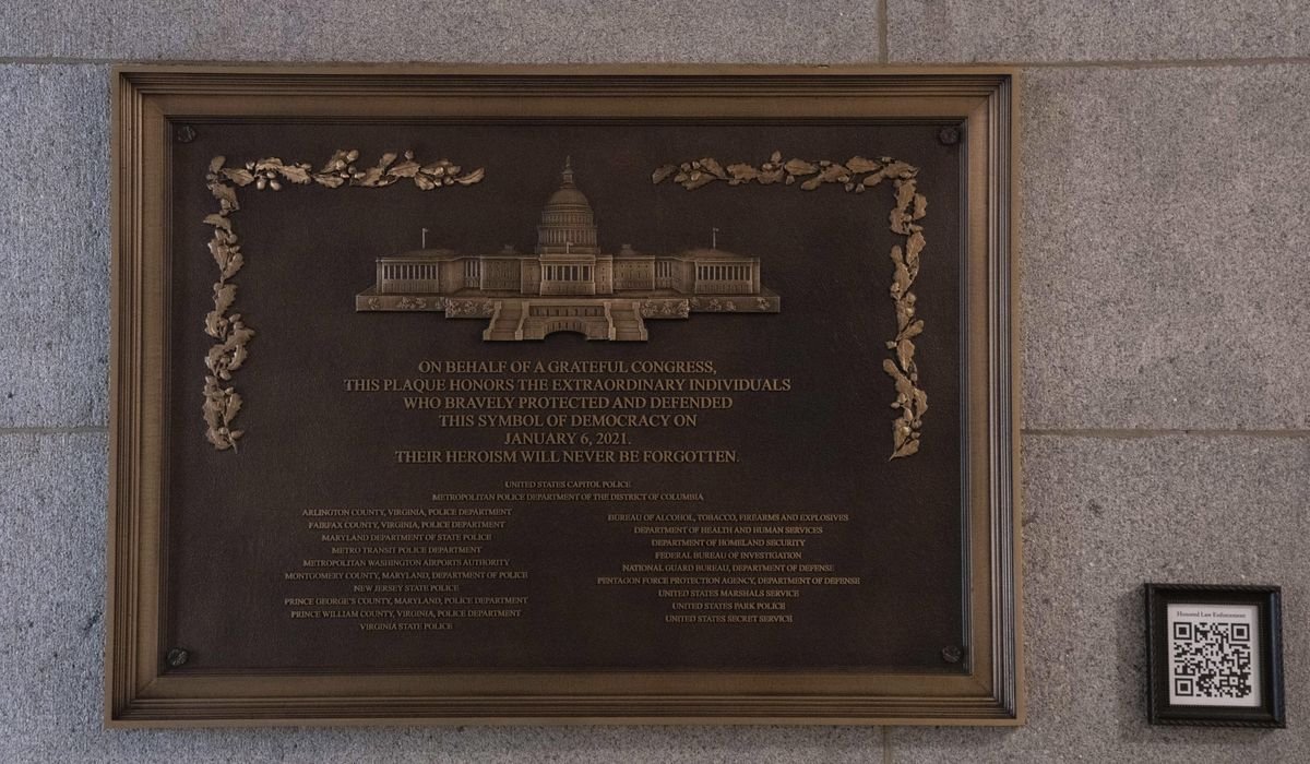 Jan. 6 plaque honoring police officers is installed at the Capitol after a 3-year delay