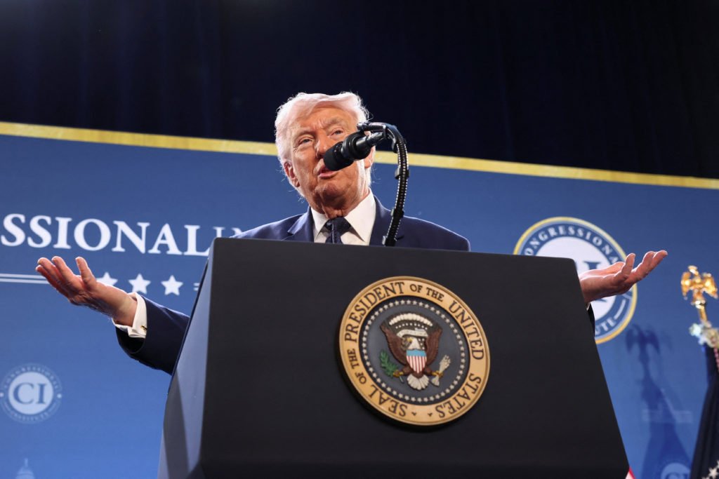 U.S. President Donald Trump delivers remarks to members of the Republican Party, at Trump National Doral Miami in Miami