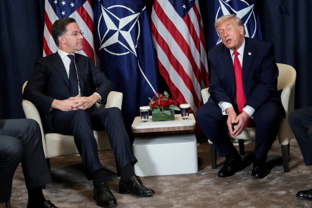 FILE PHOTO: U.S. President Trump holds a bilateral meeting with NATO Secretary General Mark Rutte, at the World Economic F...