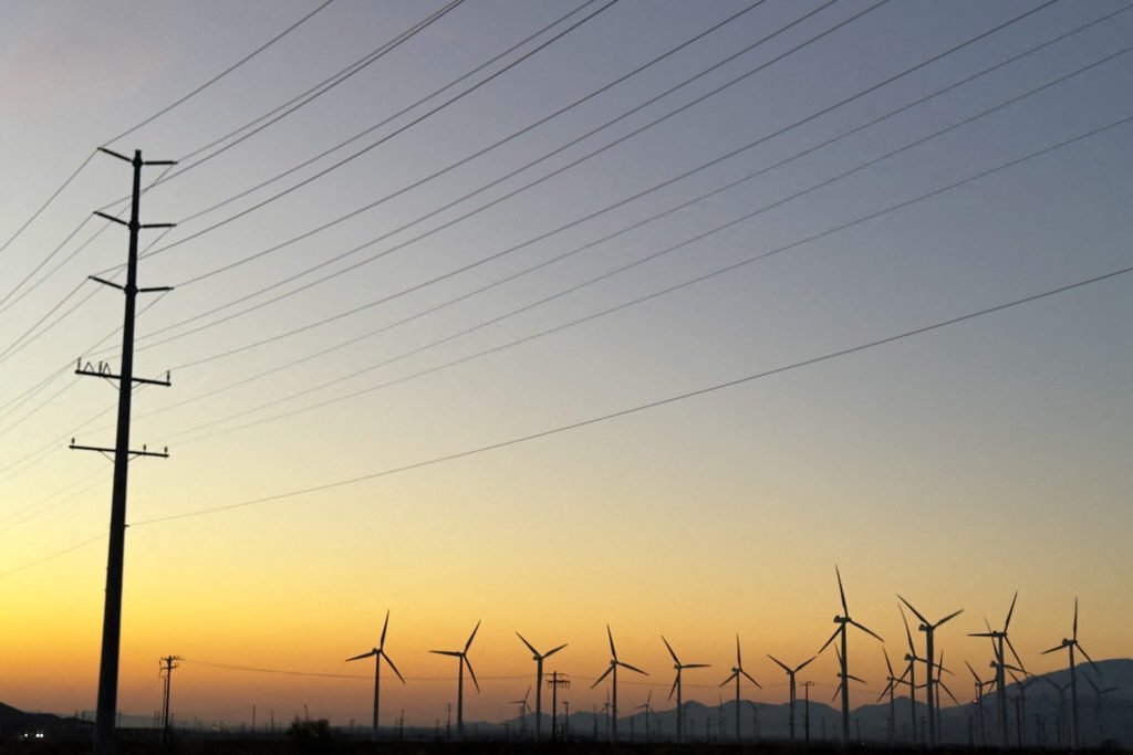 Wind turbines are show at sunrise in Palm Springs, California