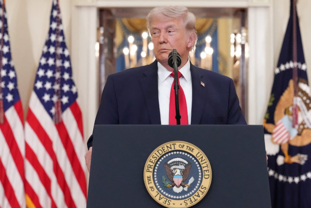 U.S. President Donald Trump delivers an address to the nation about the Iran war at the White House in Washington
