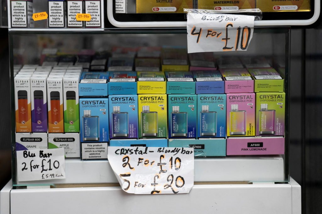 Disposable vapes are displayed for sale at a local shop near London Bridge in London