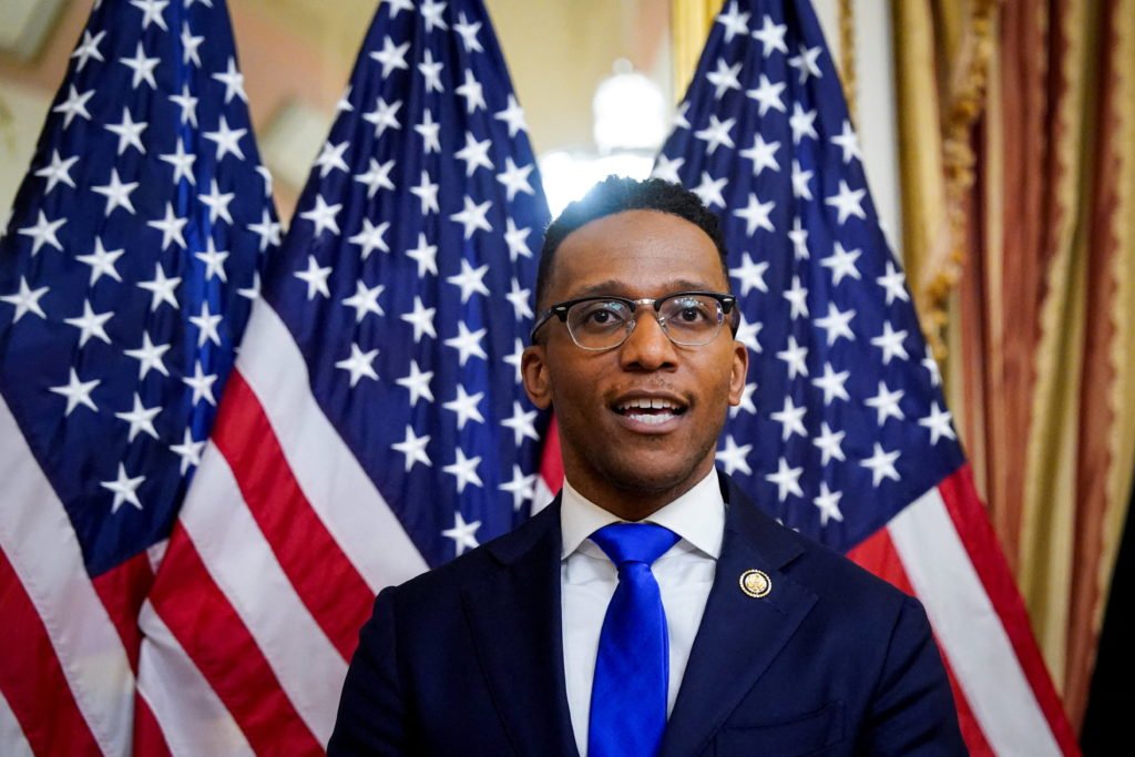 U.S. Representative Christian Menefee (D-TX) is ceremonially sworn-in by U.S. House Speaker Mike Johnson (R-LA) at the U.S...