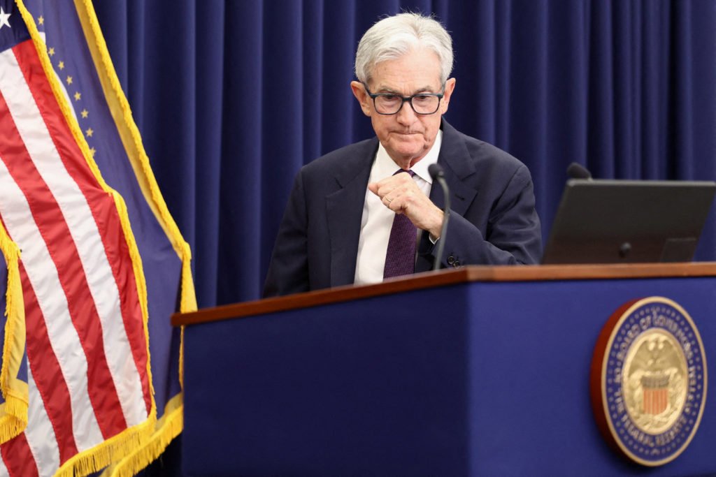FILE PHOTO: U.S. Federal Reserve Chair Jerome Powell attends a press conference at the U.S. Federal Reserve in Washington
