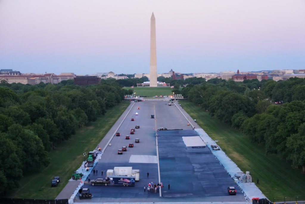 U.S. President Trump visits the under renovation Lincoln Memorial Reflecting Pool, in Washington