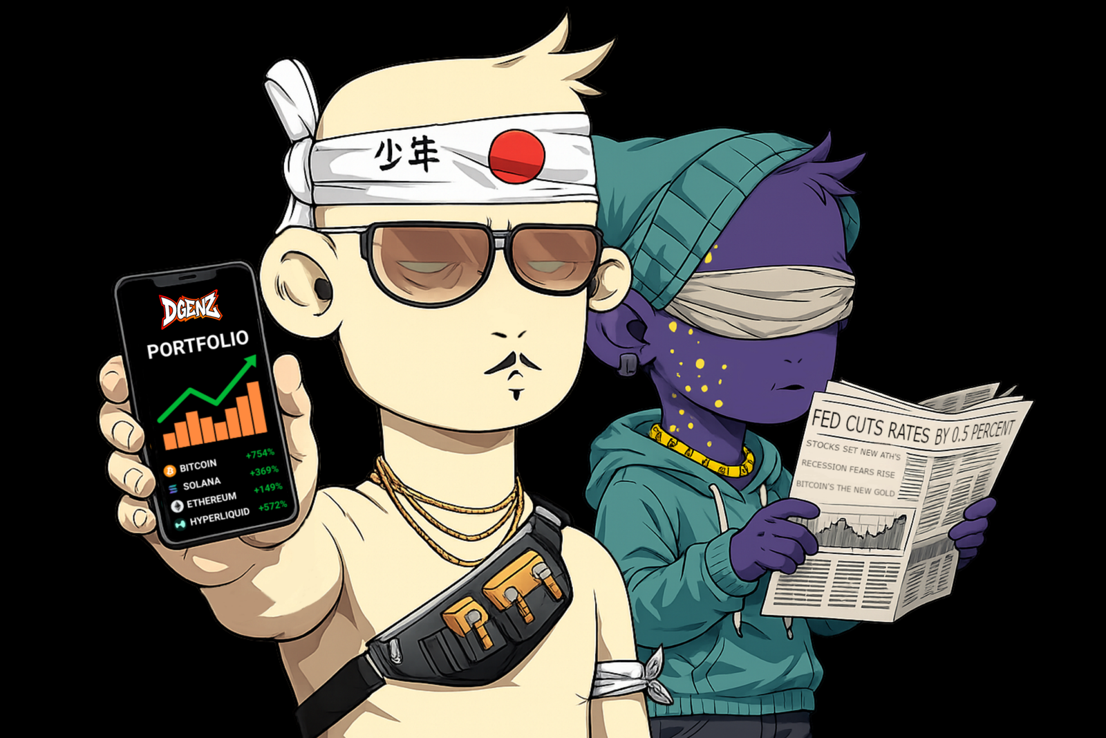 DGENZ founder avatar holding a phone showing a green crypto portfolio while a blindfolded trader reads outdated market news
